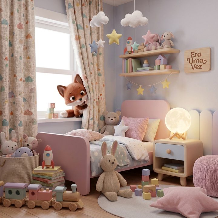 Quarto infantil cheio de brinquedos para procurar