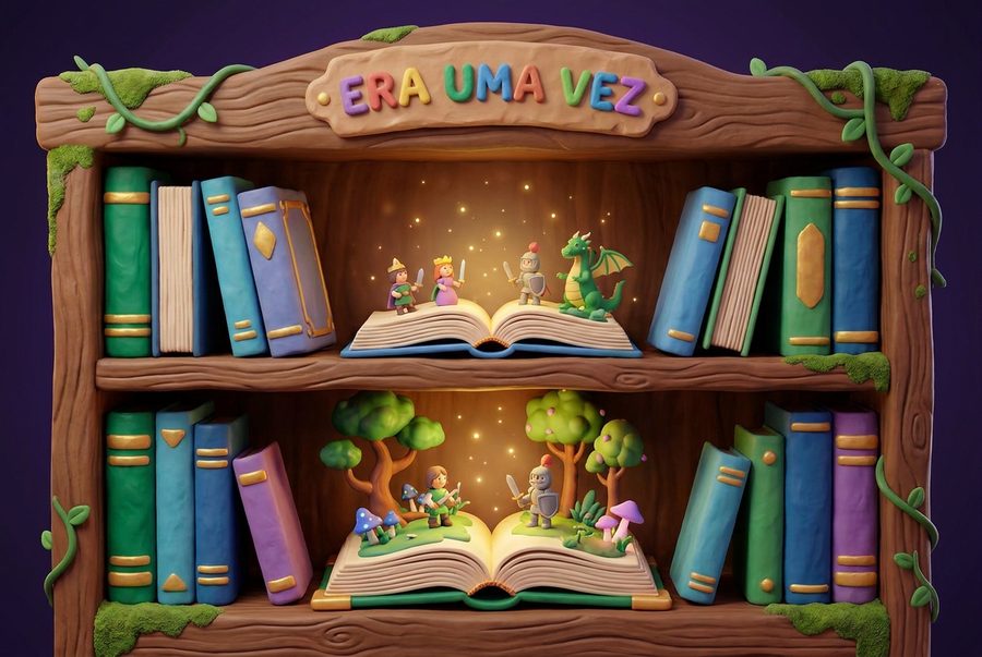Estante de madeira com livros que ganham vida